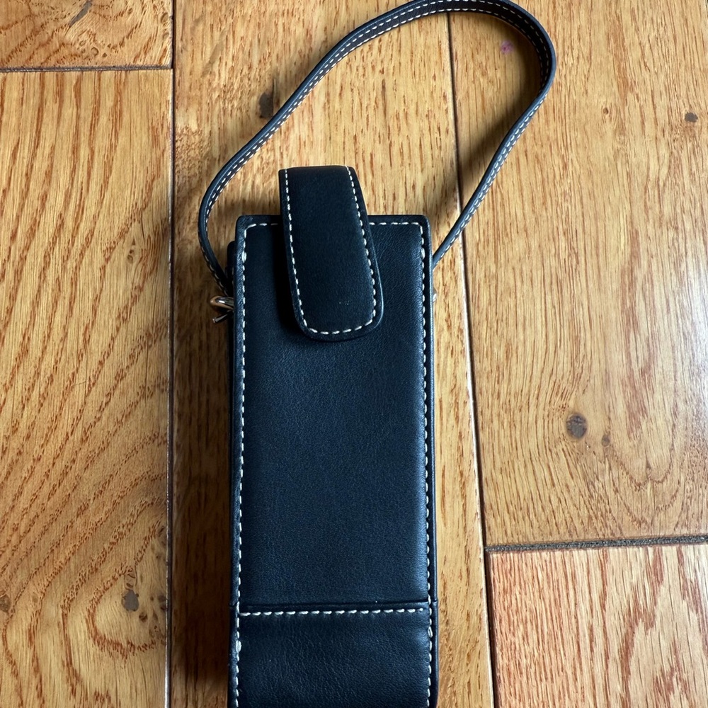 Vintage Coach Black Leather Phone Case with White Stitching